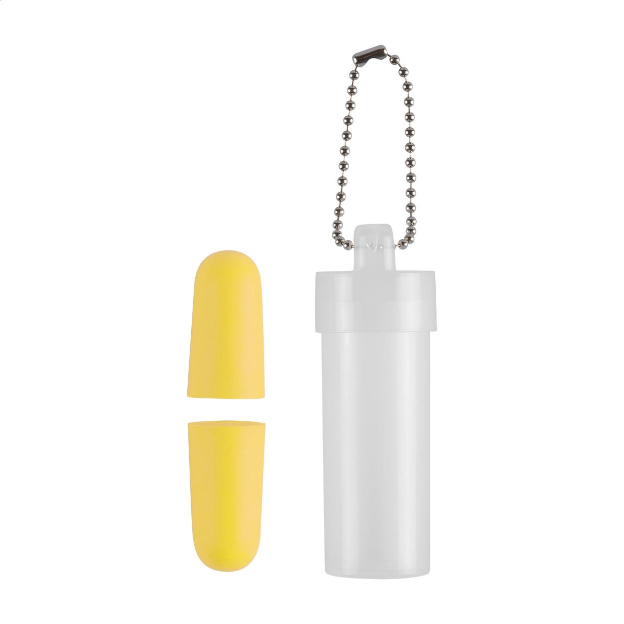 Plux farbige EVA-Ohrstöpsel in transparenter Dose mit Kette und Logo