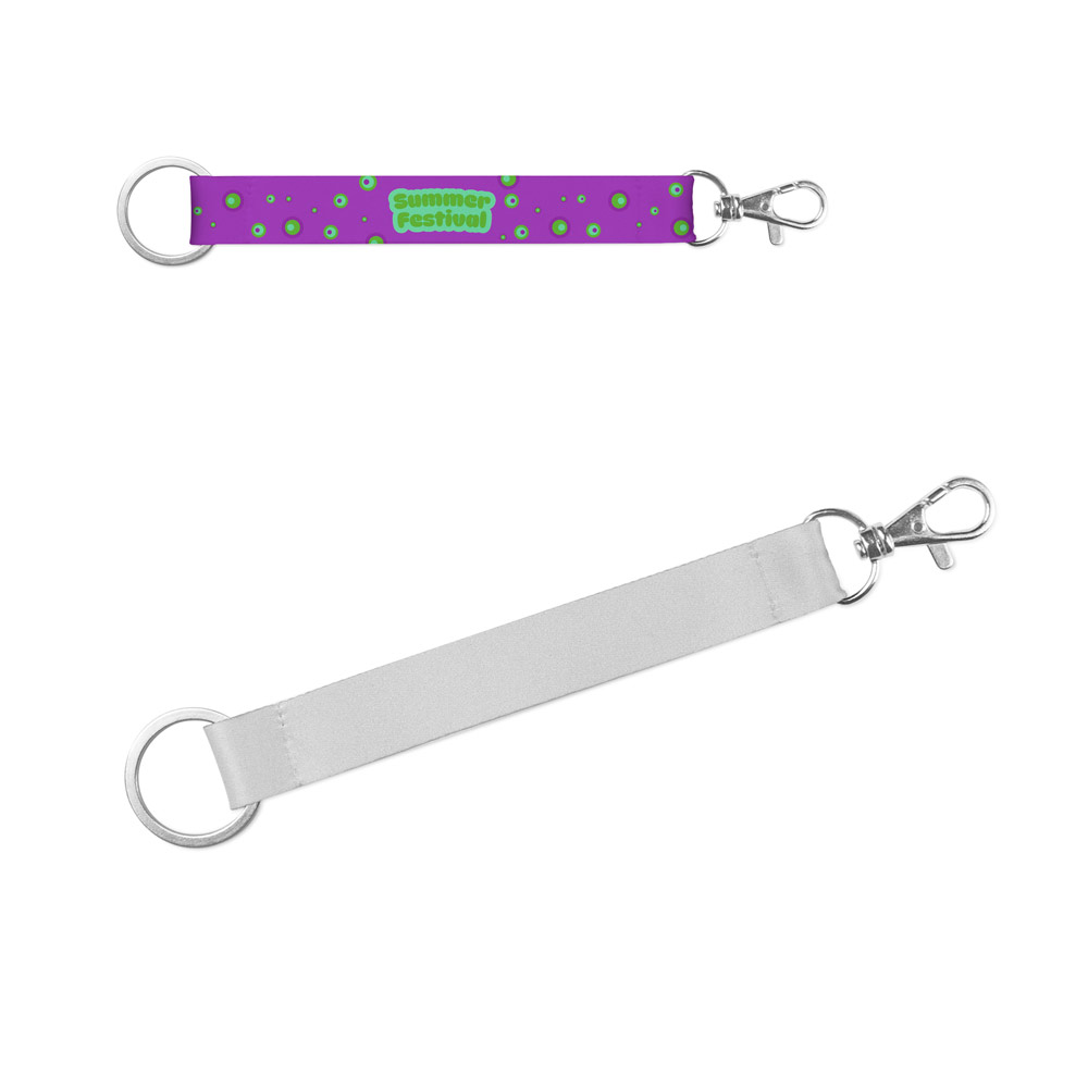 CRAWLEY. Kurzes Polyester-Lanyard für Sublimationsdruck mit Standardring und Karabinerhaken.