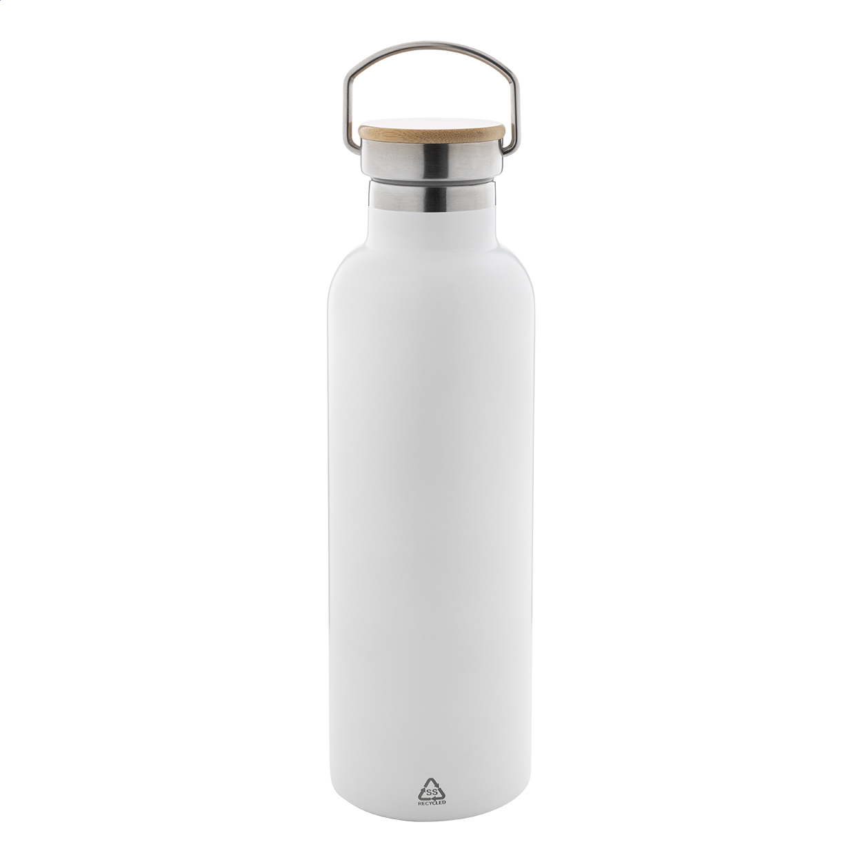 Renaslu L Isolierflasche aus recyceltem Edelstahl, Bambusdeckel, 750 ml, Logo