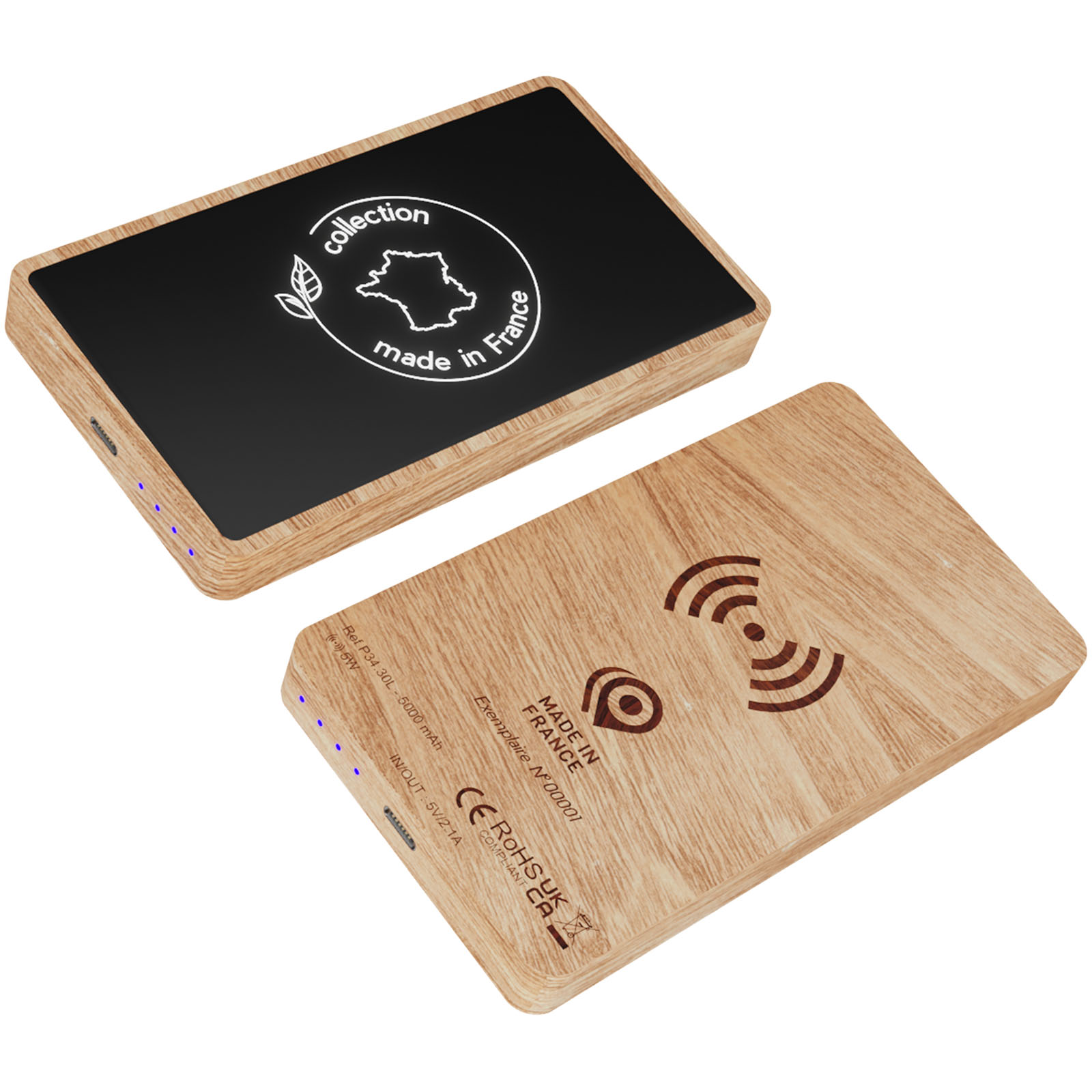 5000 mAh Holz Powerbank mit kabellosem Laden und beleuchtetem Logo - Neckarsteinach