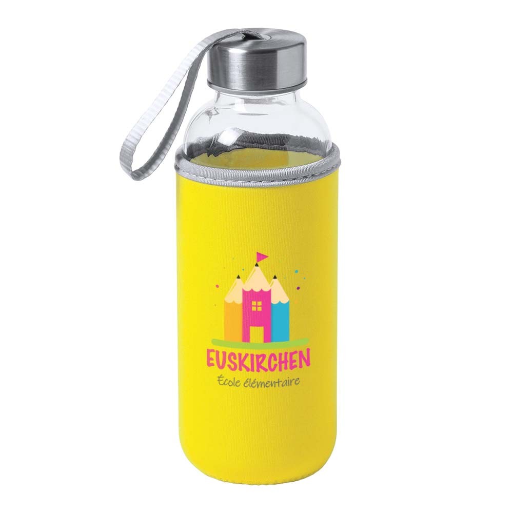 Glasflasche mit Tragegurt und Neoprenhülle - Schlitz bedrucken mit Logo