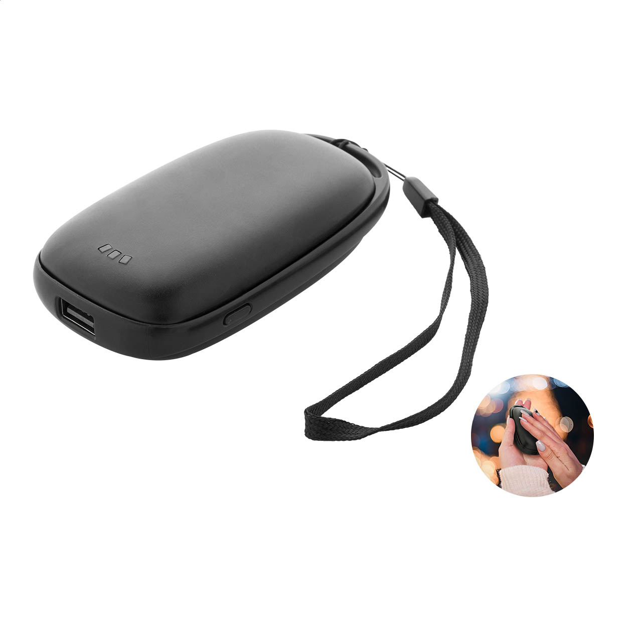 PowerPalm Handwärmer aus Recycling-Alu mit 4000-mAh-Powerbank und Logo bedrucken mit Logo