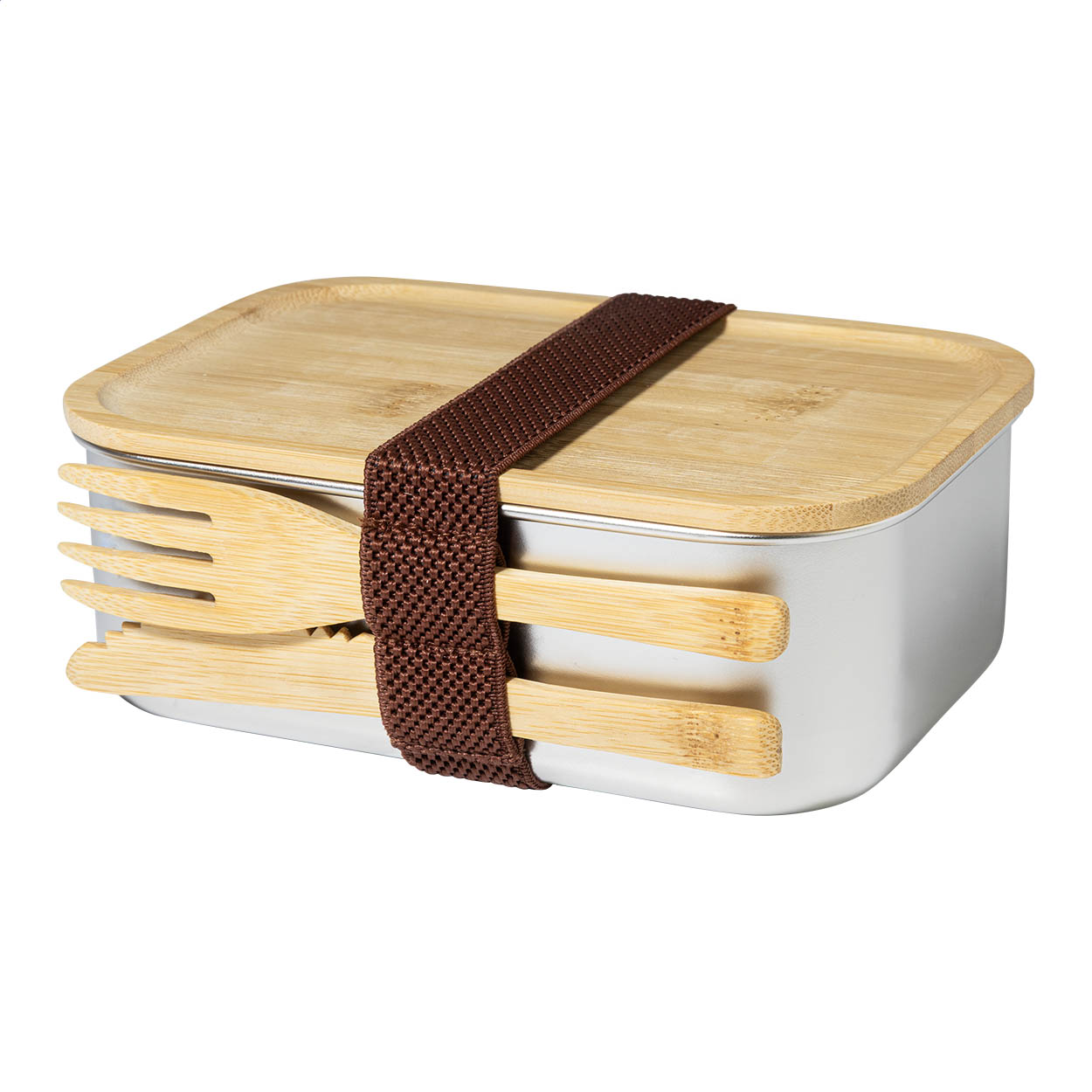 Curroca Edelstahl-Lunchbox mit Bambusdeckel und Bambusbesteck, Logo bedrucken mit Logo