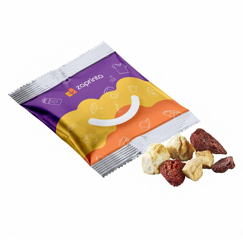 Aluminiumbeschichtete Folie mit ganzflächig gedruckter getrockneter Knusperobstmischung - Grünau im Almtal