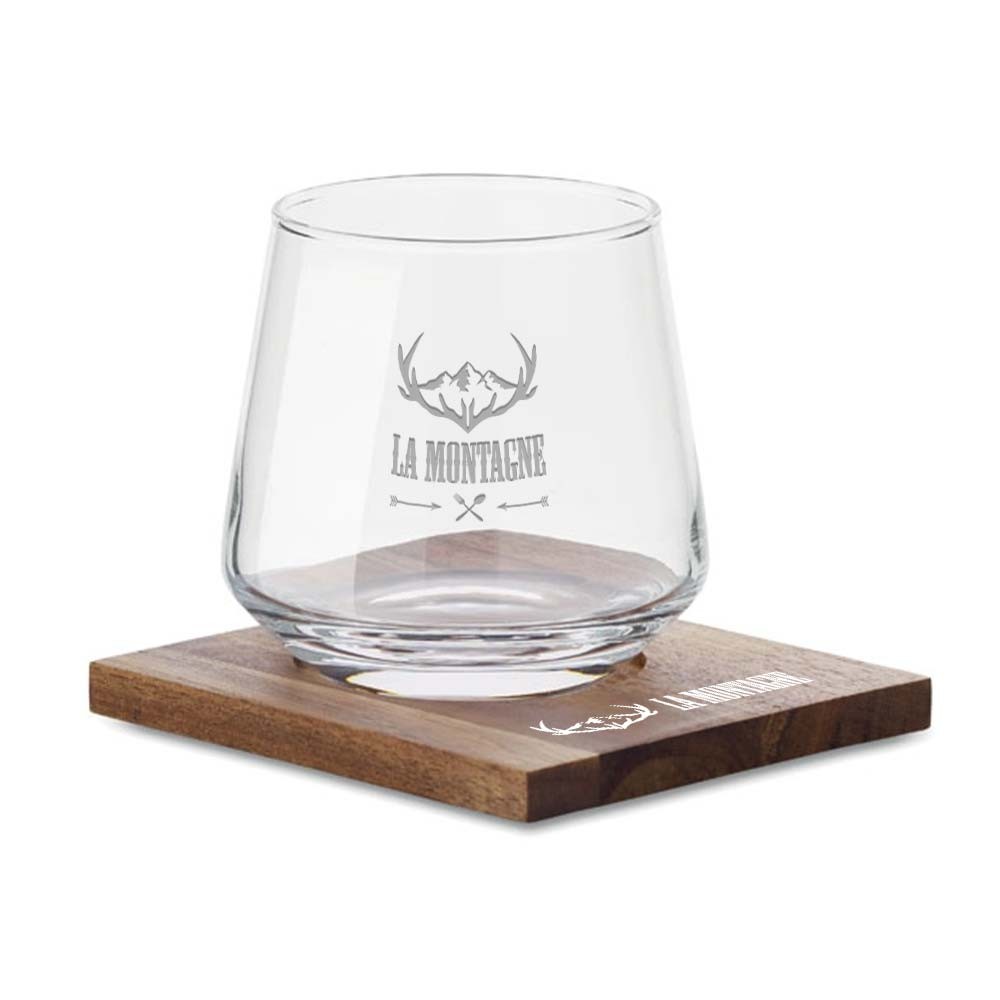 Whisky Kurzdrink Glas Set mit Akazienholz-Untersetzer - Unna bedrucken mit Logo
