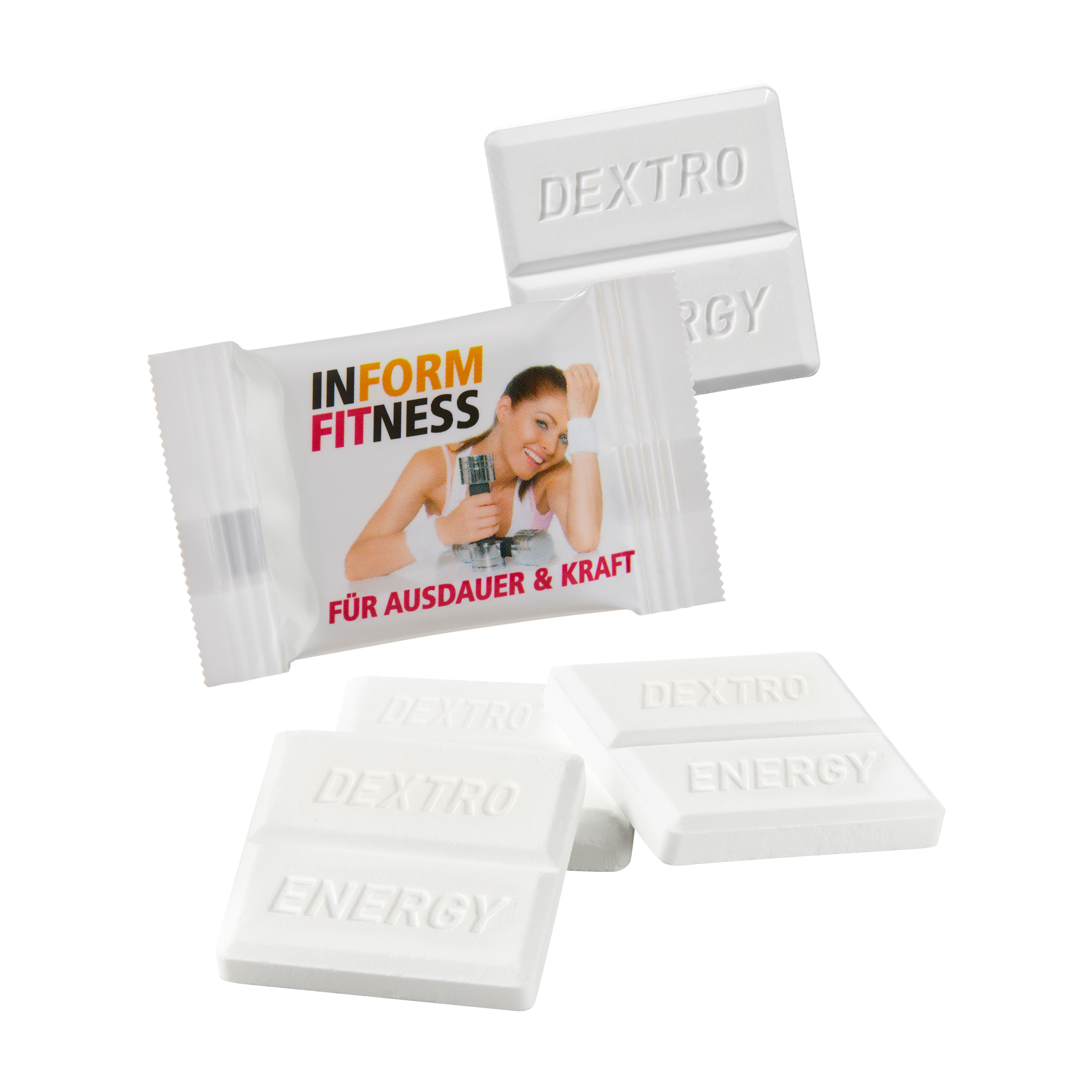 Dextro Energy Traubenzucker im weißen Flowpack als Werbegeschenk