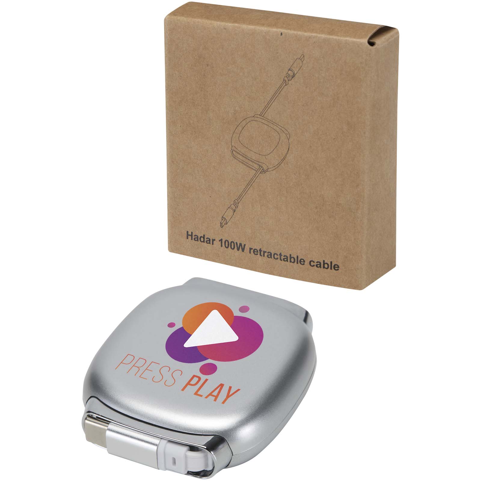 Alphard 100 W ausziehbares Ladekabel aus Recyclingkunststoff, Logo bedrucken mit Logo