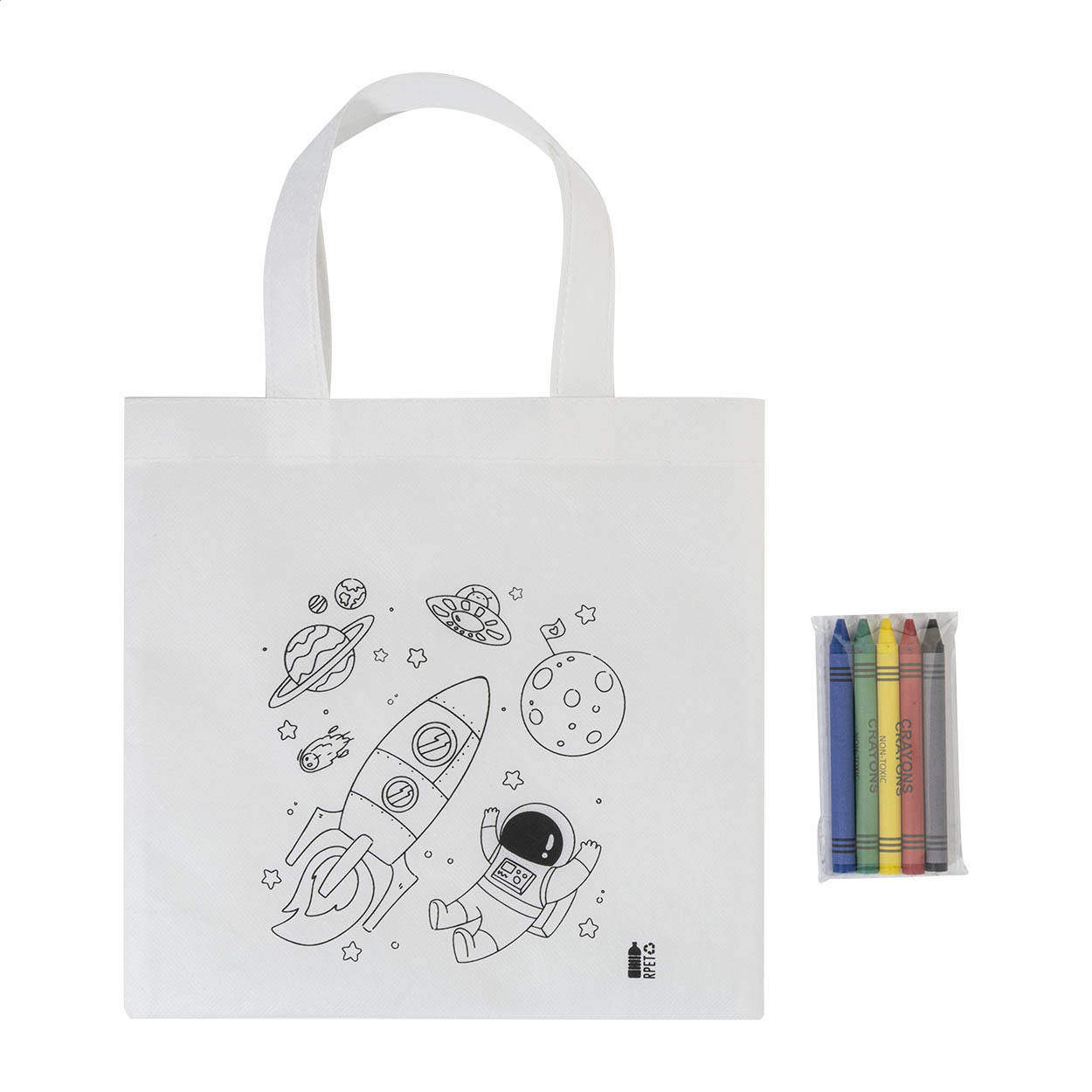 Spacolo Mini-Einkaufstasche zum Ausmalen aus RPET mit 5 Wachsmalern bedrucken mit Logo