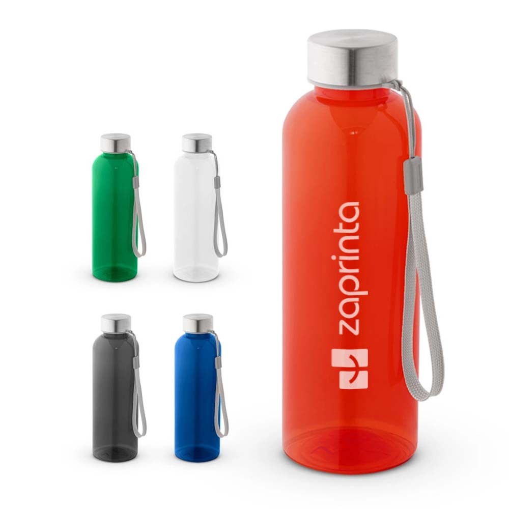 Transparente RPET-Trinkflasche 600 mL mit Edelstahlverschluss - Fladungen bedrucken mit Logo