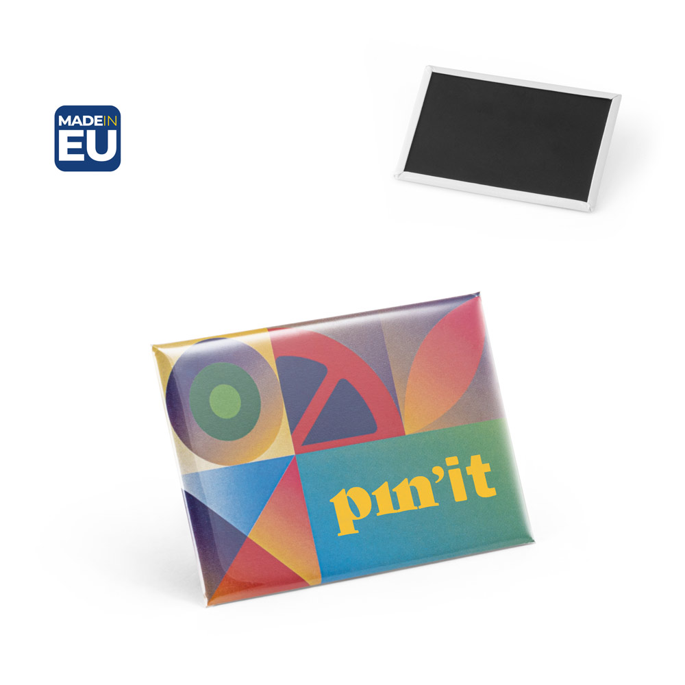 Button P'IN 15 rechteckig mit Magnet, mit Ihrem Logo, 80 × 53 mm