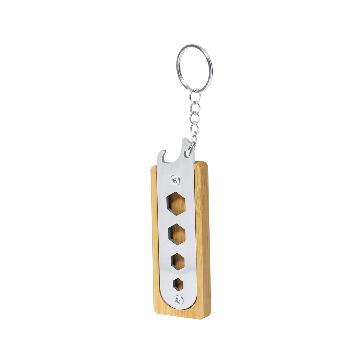 Farina Multitool-Schlüsselanhänger aus Bambus und Edelstahl mit Logo bedrucken mit Logo