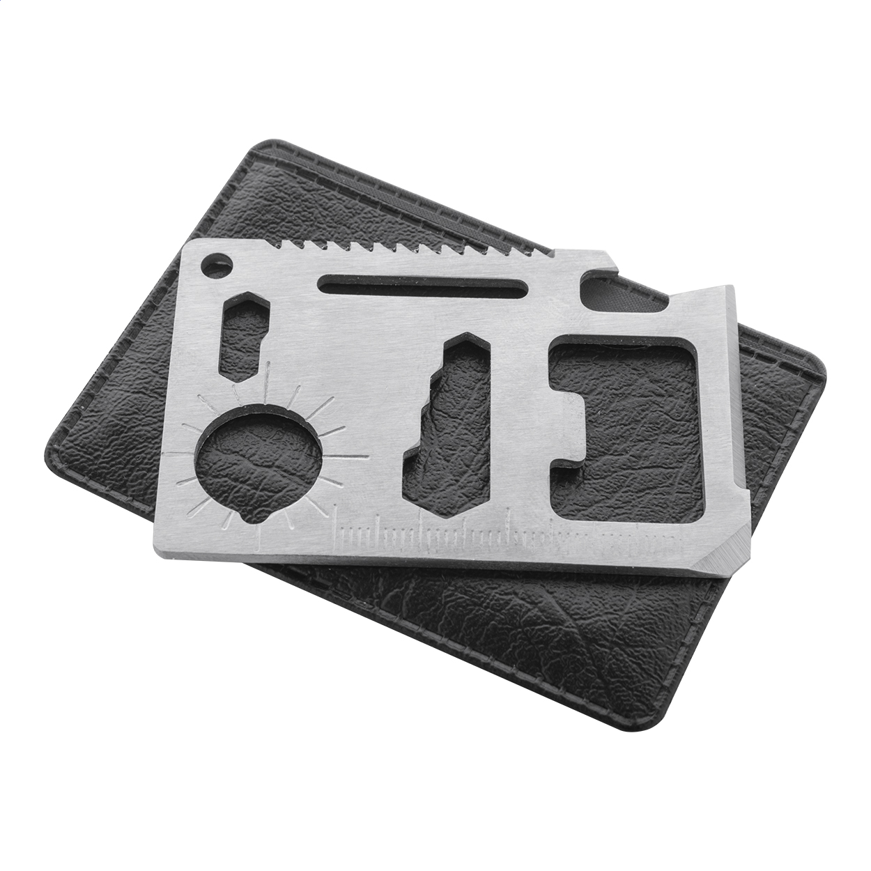 Gyver Multitool im Kreditkartenformat aus Edelstahl, 11 Funktionen, Logo
