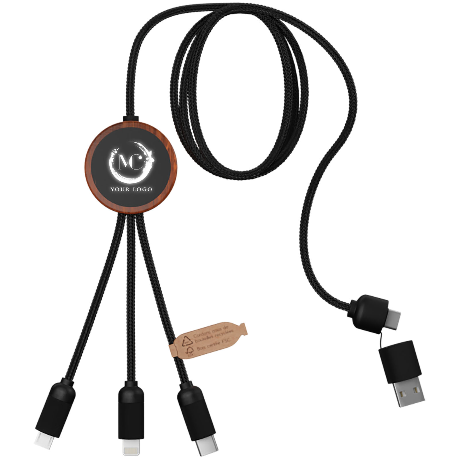 SCX.design C37 40W 5-in-1 Ladekabel aus rPET mit Leuchtlogo und rundem Bambusgehäuse bedrucken mit Logo