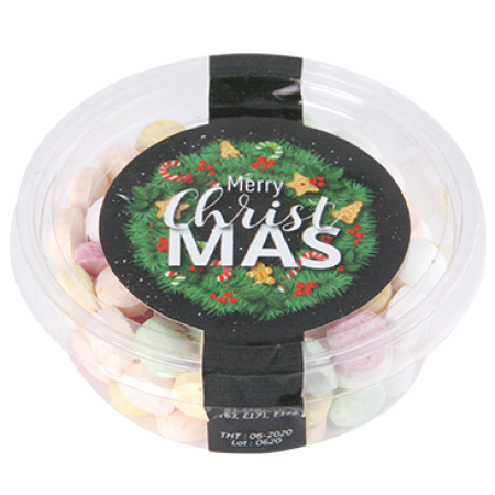 Transparenter biologisch abbaubarer Topf mit Minzbonbons, Fruchtkugeln und Herzen - Schönewalde