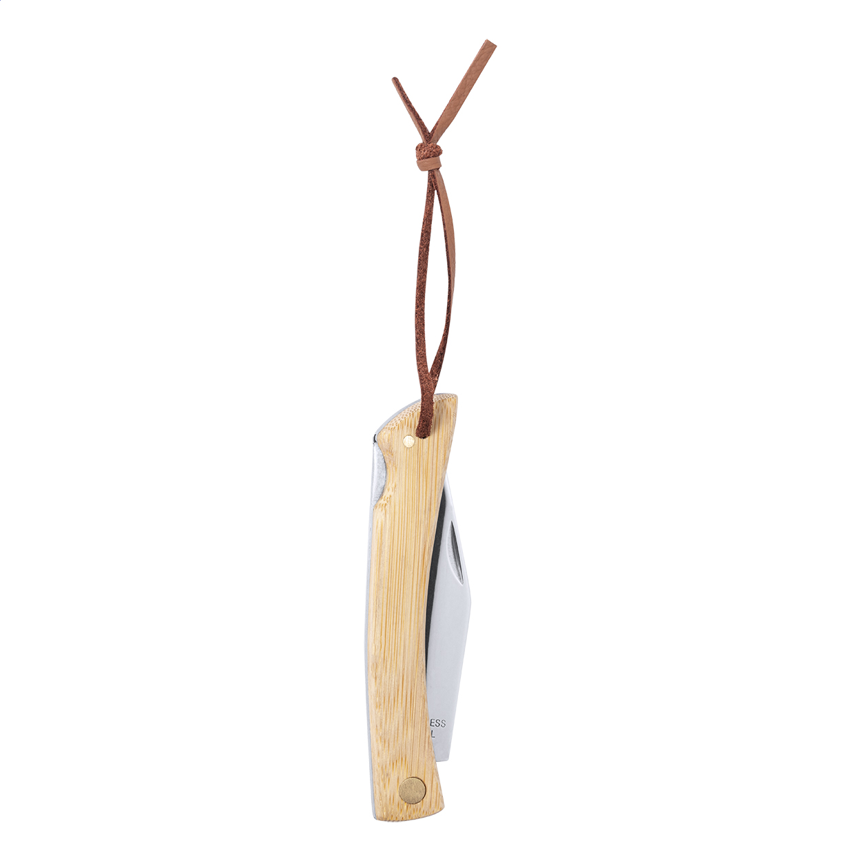 Lundin Taschenmesser aus Edelstahl mit Bambusgriff und Logo
