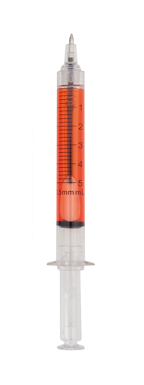 Vaccine Kugelschreiber in Spritzenform mit Flüssigkeit und Logo