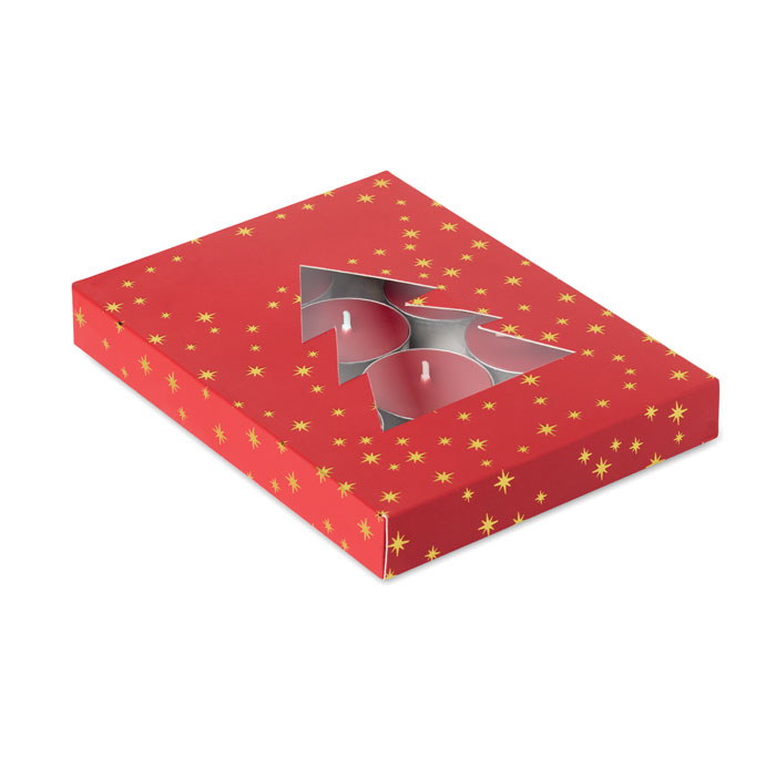 Teelichter-Set mit Zimtduft in Tannenbaum-Geschenkbox, mit Logo