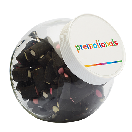 870ml Süßigkeiten Glas mit weißem Kunststoffdeckel und vollfarbigem Etikett - Künzelsau