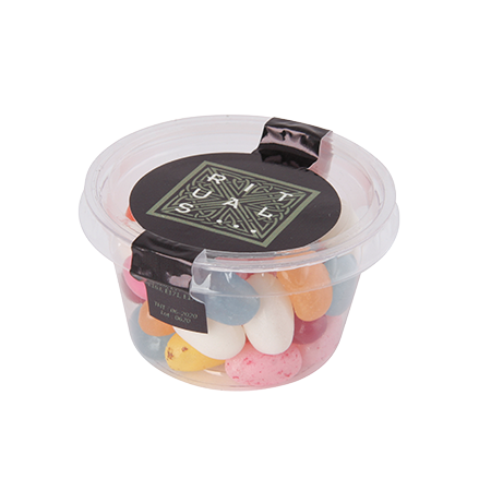 Transparenter biologisch abbaubarer Topf mit separatem Deckel und Geleebohnen - Boxberg