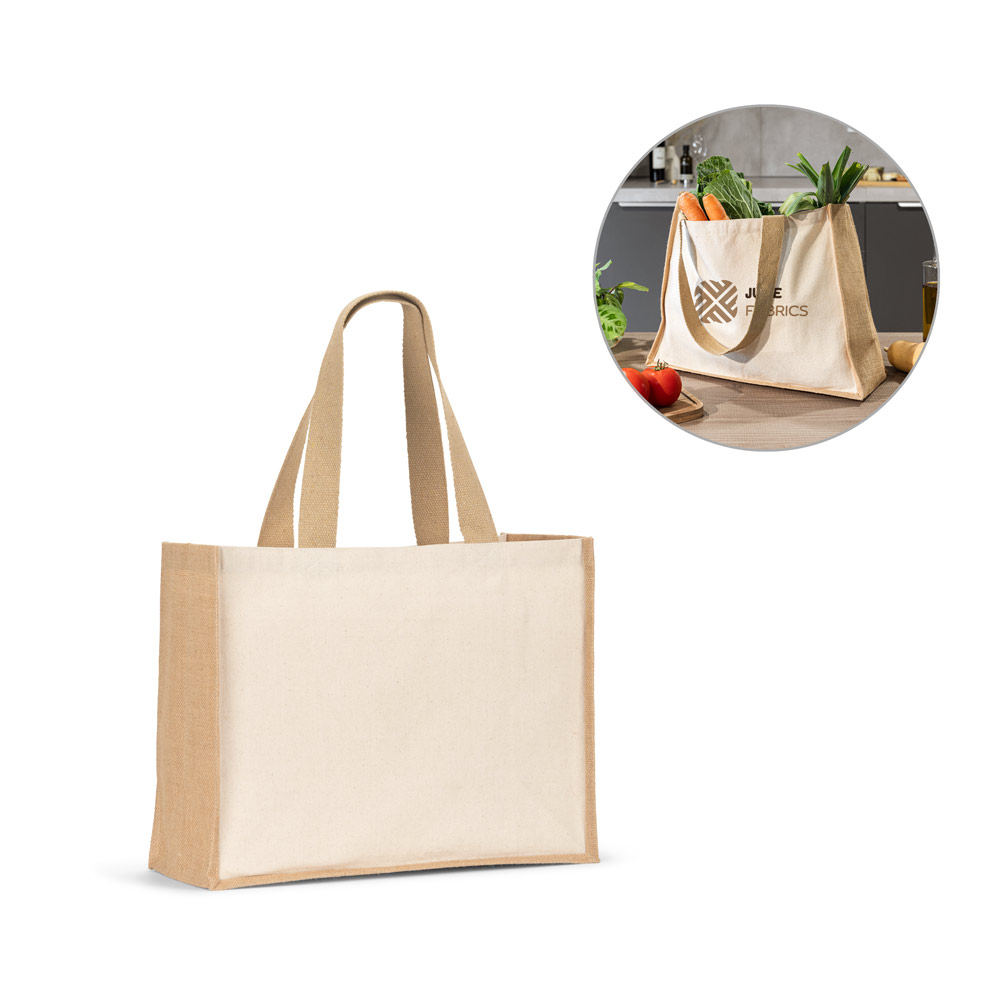 HELSINKI. Canvas-Tasche (320g/m²), mit Boden und Seiten aus laminiertem Jute (350g/m²) in natürlichen Tönen