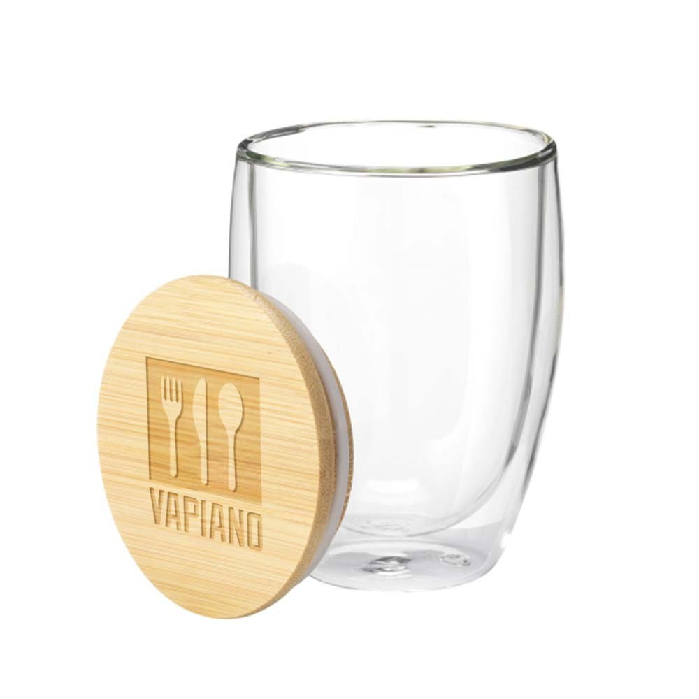 Doppelwandiges Glas mit Bambusdeckel 350ml - Heidenreichstein bedrucken mit Logo
