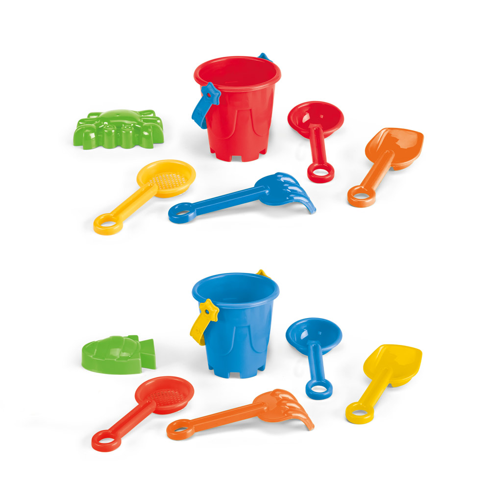 VALLARTA. PP-Strandeimer mit 5 Zubehörteilen: 3 Schaufeln, 1 Harke, 1 Fisch oder 1 Krabbe