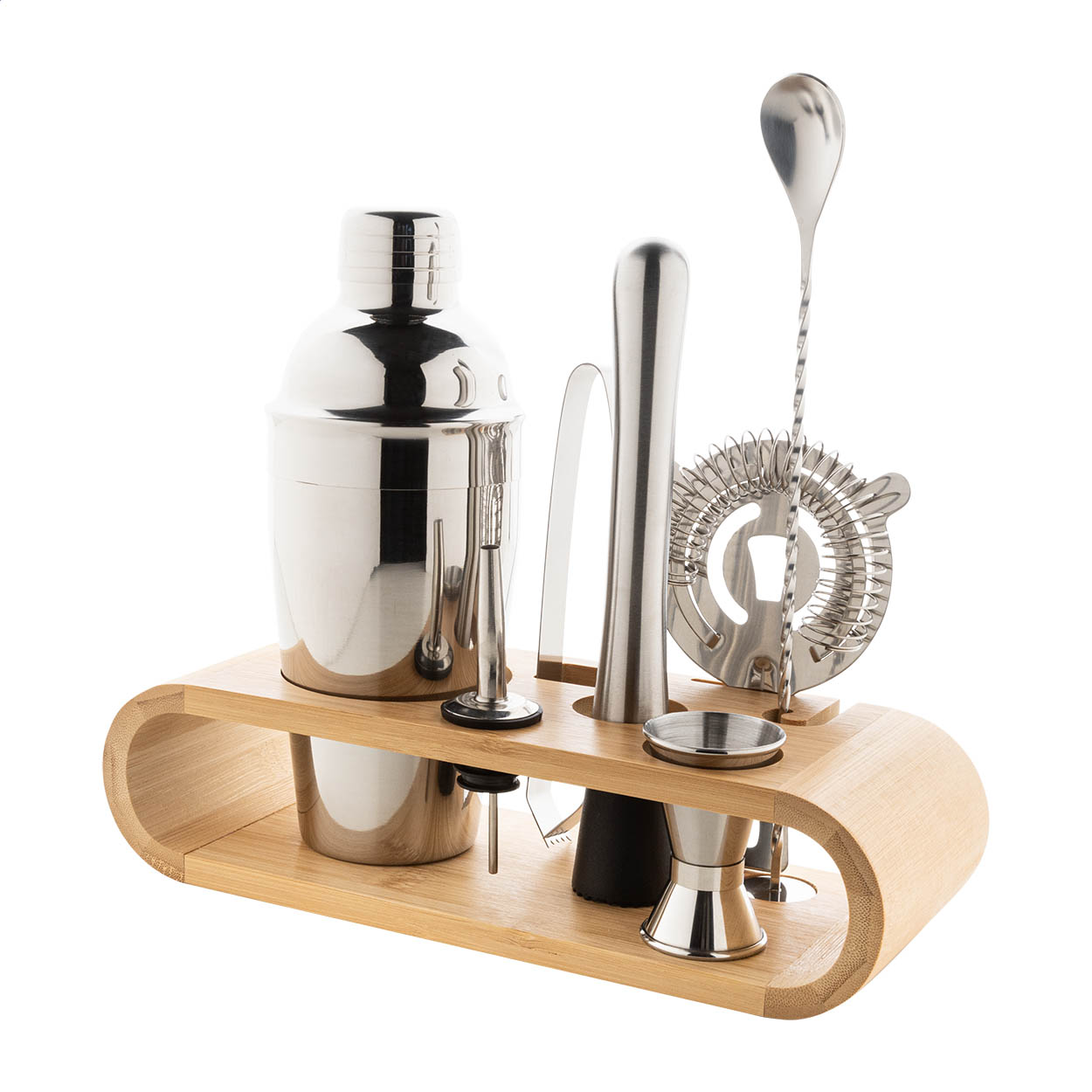 Paloma 7-teiliges Edelstahl-Cocktailset im Bambushalter mit Logo