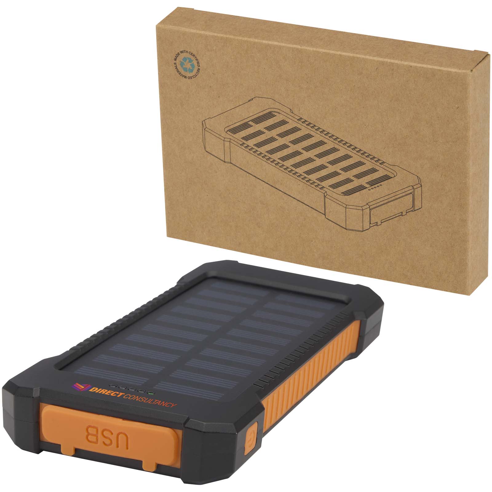 Robuste Altair-Solar-Powerbank mit 5000 mAh 10 W und eingebauter Taschenlampe aus recyceltem Kunststoff