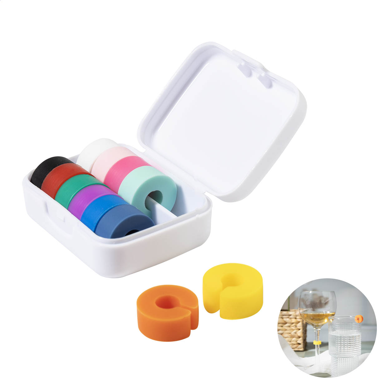 Cupperty 12-teiliges Glasmarkierer-Set aus Silikon mit Recycling-Box bedrucken mit Logo
