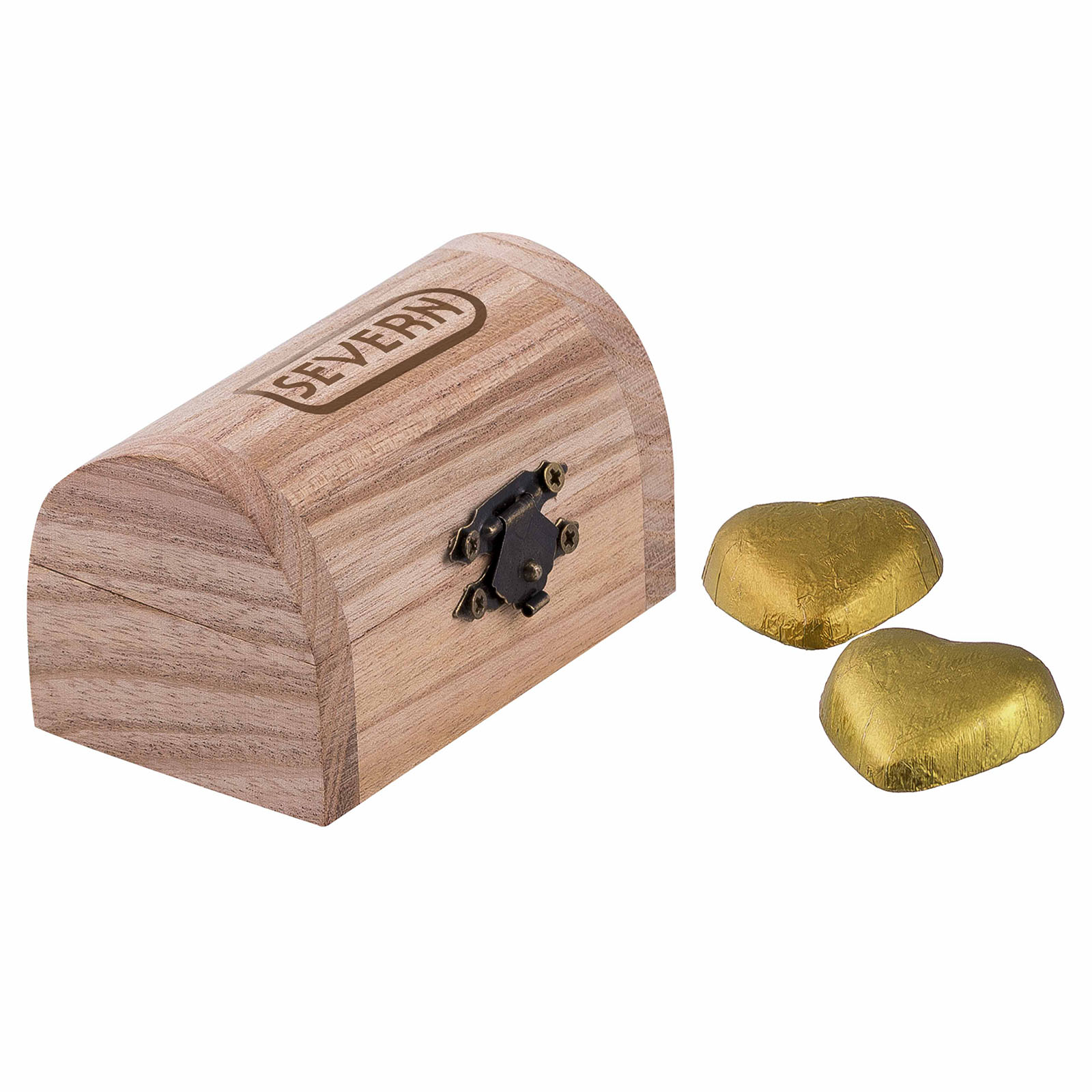 Schatzkiste aus goldenem Folien-Herzschokolade - Parchim