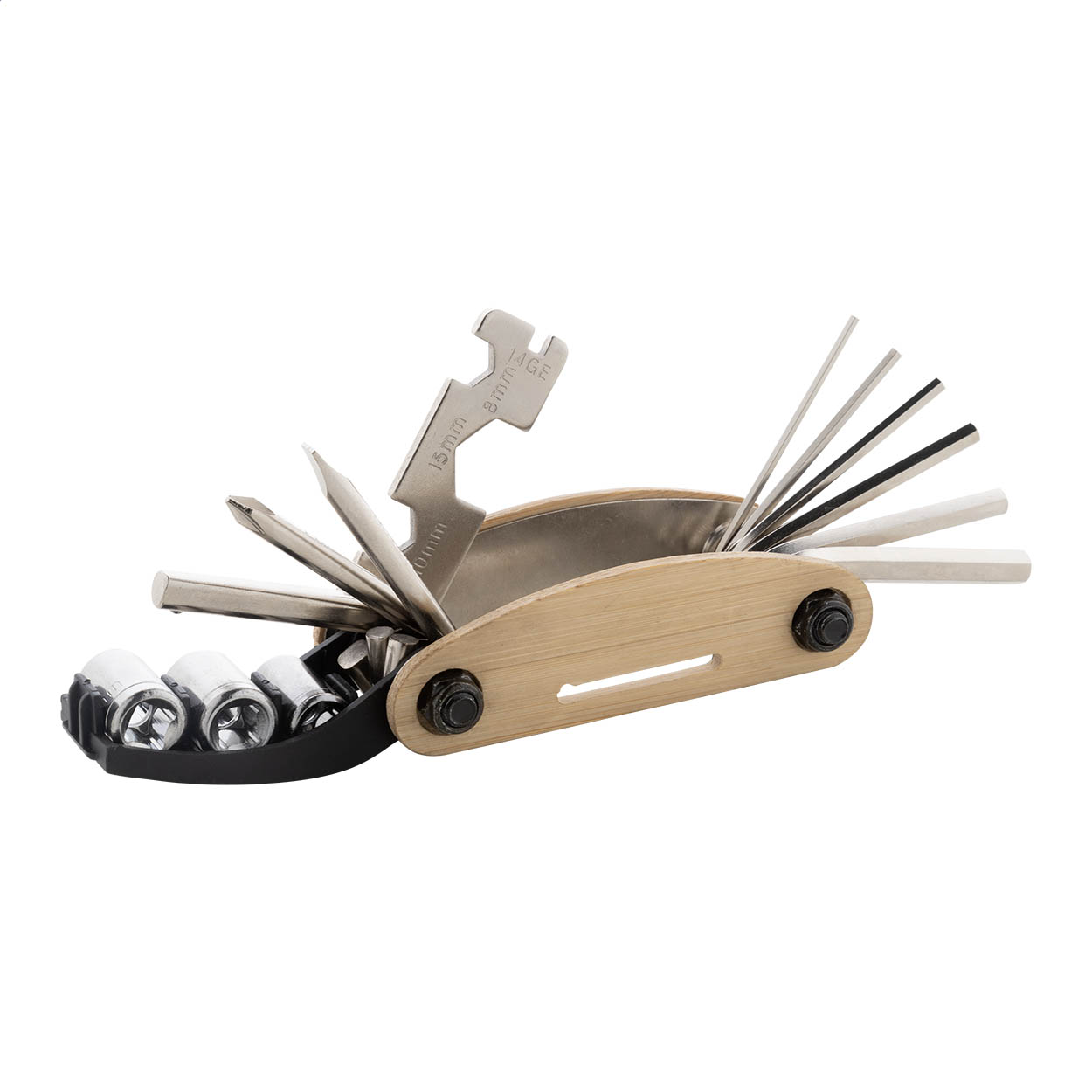 Tsubo Multitool aus Edelstahl mit Bambusgriff, 14 Funktionen, mit Logo